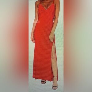 Jump Apparel Elegant Red Maxi Dress with Scarf Side Slit